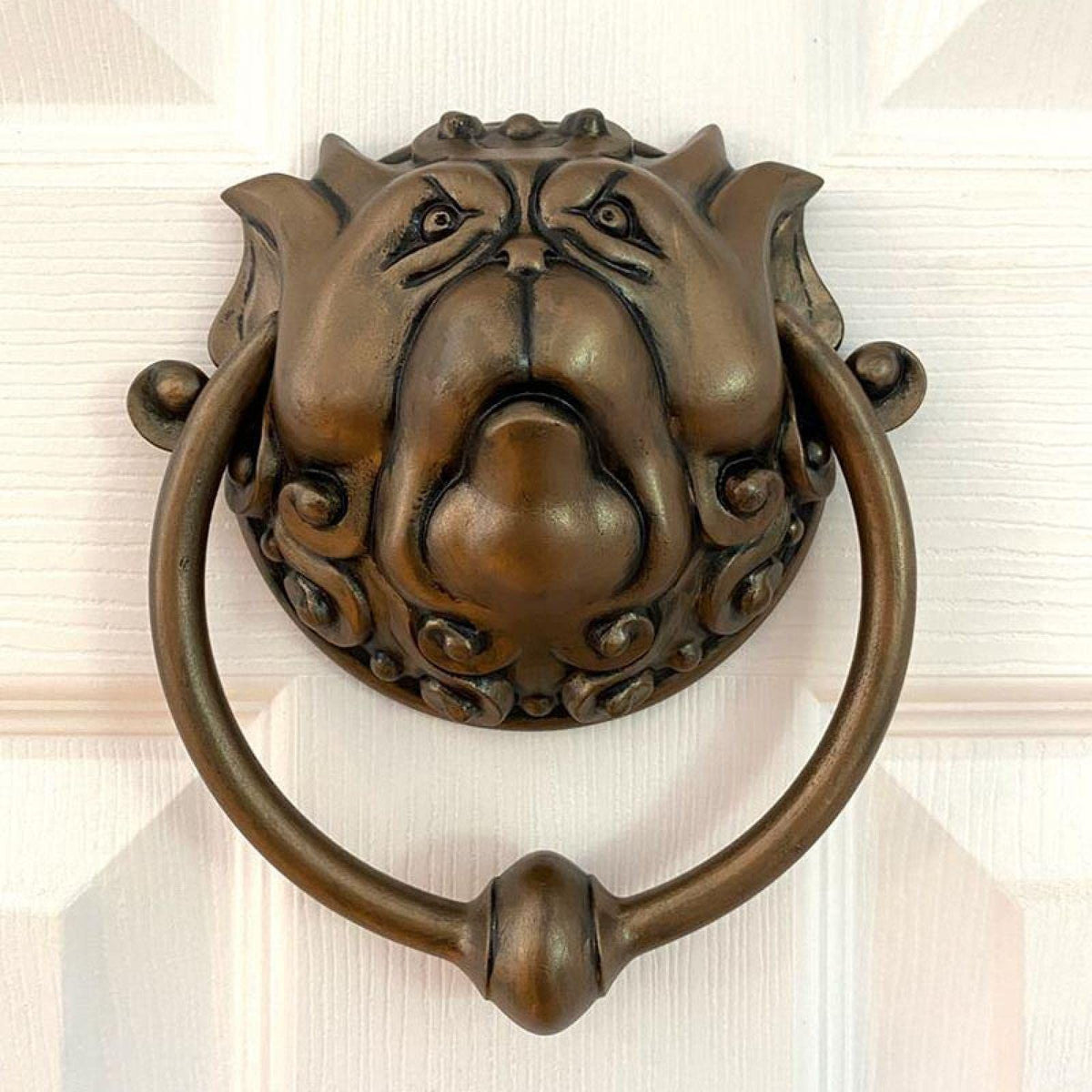 Set of two bronze dragon face door handles with whimsical design, wall-mounted for outdoor use, decorative home gift statues.