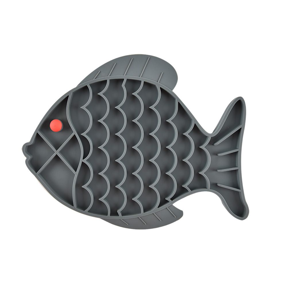 Fish-shaped silicone puzzle feeder and lick treat mat for dogs and cats, promoting healthy eating and reducing anxiety.