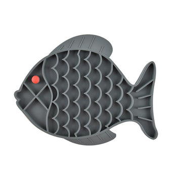 Fish-shaped silicone puzzle feeder and lick treat mat for dogs and cats, promoting healthy eating and reducing anxiety.