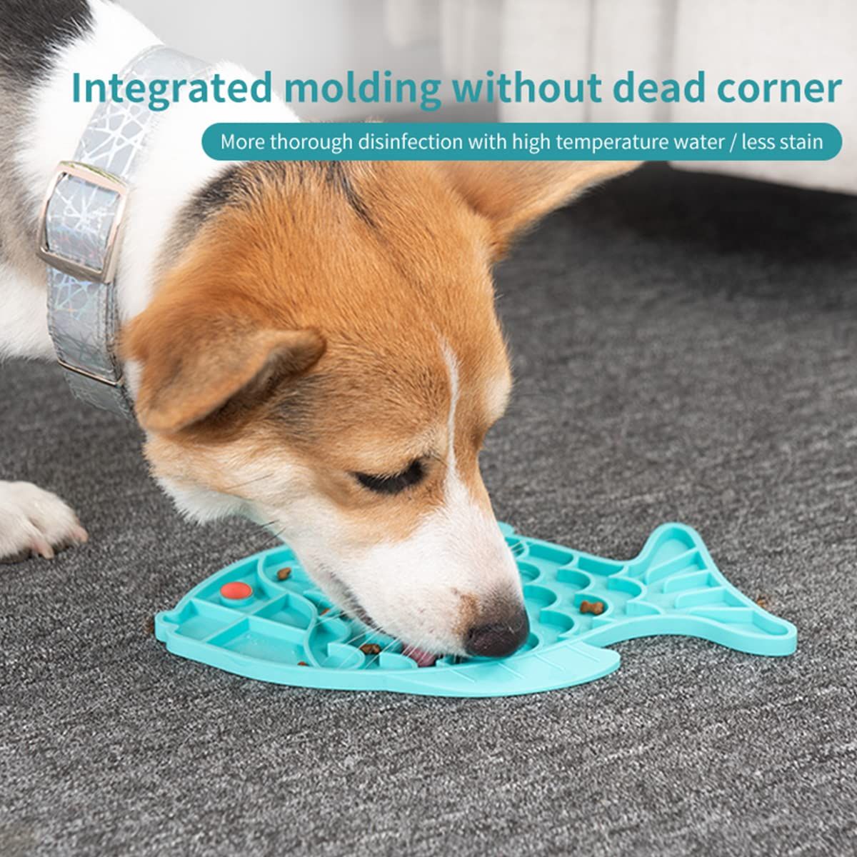 Fish-shaped silicone puzzle feeder and treat mat for dogs and cats, promoting healthy eating and reducing anxiety.