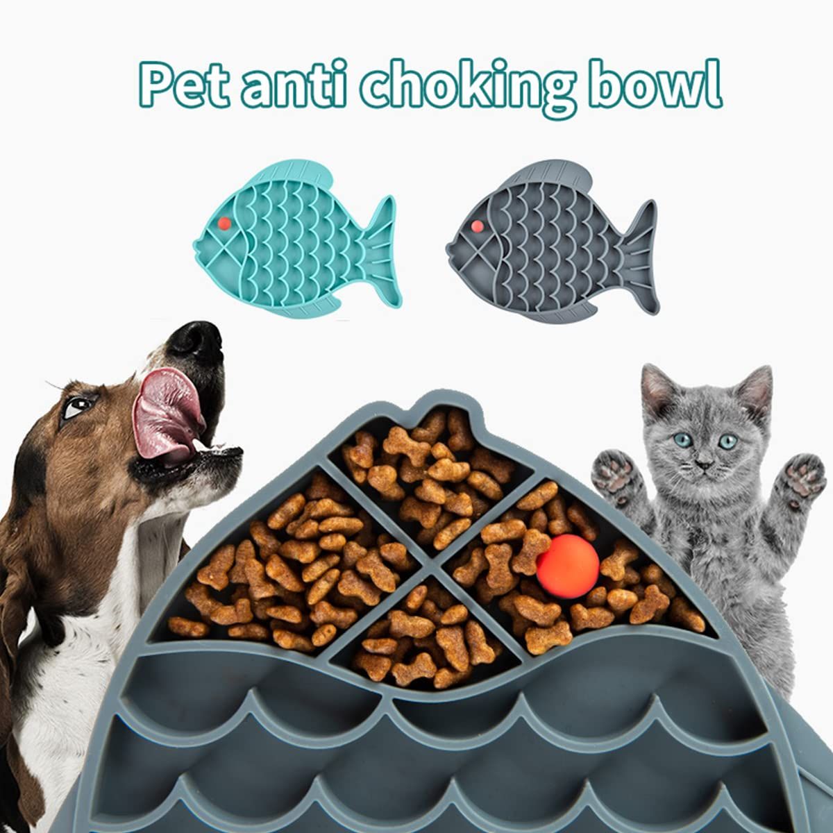 Fish-shaped silicone puzzle feeder and treat mat for dogs and cats, designed to promote healthy eating and reduce anxiety.