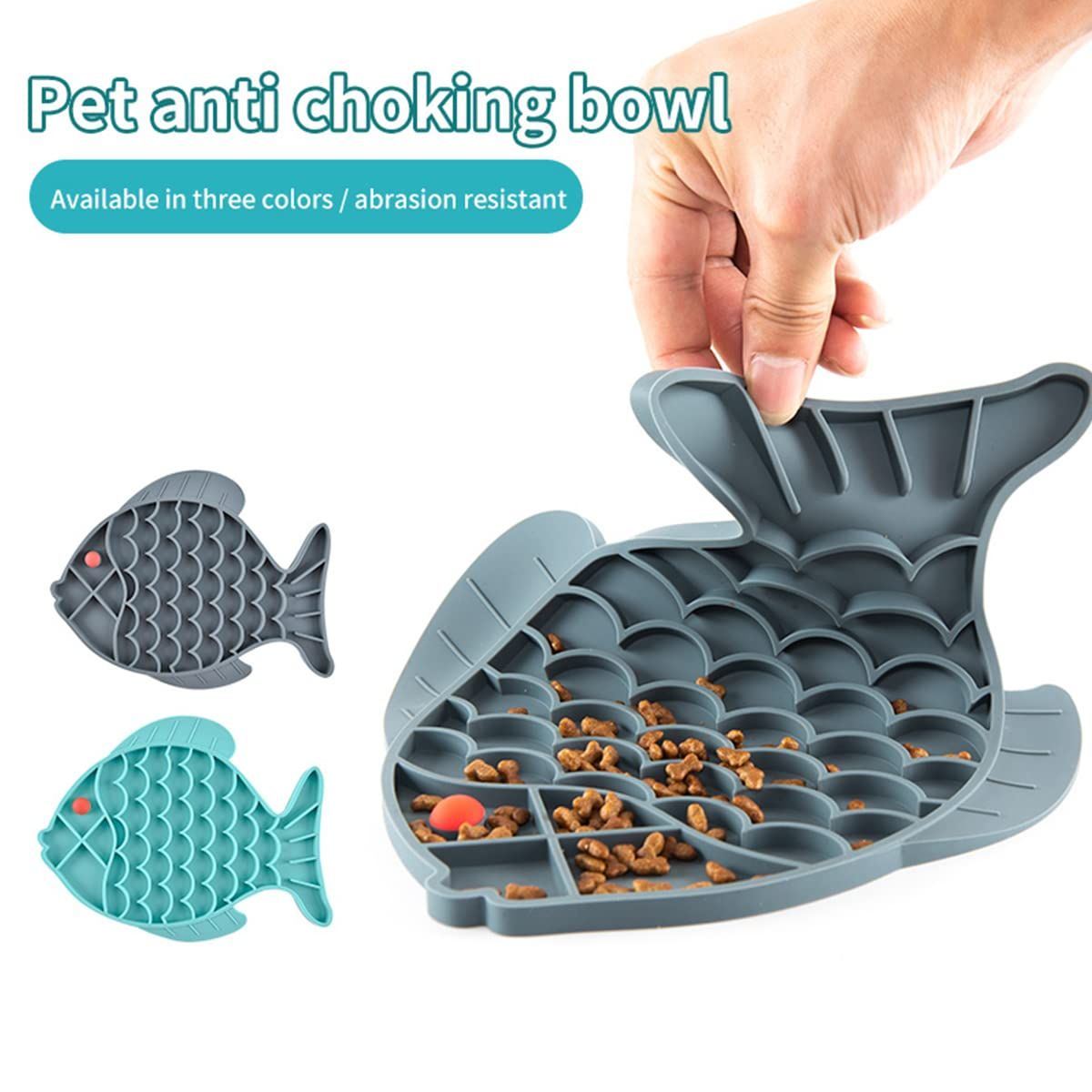 Fish-shaped silicone puzzle feeder for dogs and cats, providing a licking food pad for healthy eating and anxiety relief.