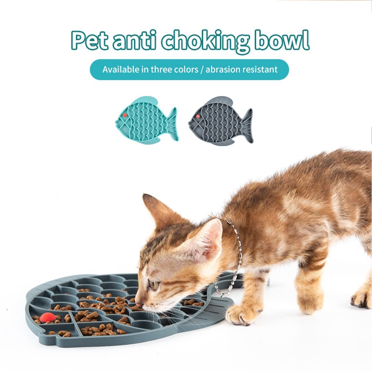 Fish-shaped silicone puzzle feeder and treat mat for dogs and cats, promoting healthy eating and reducing anxiety.