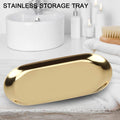 Gold oval decorative tray from Everything Baby, stainless steel jewelry, perfume, or vanity tray for nursery and bathroom decor.