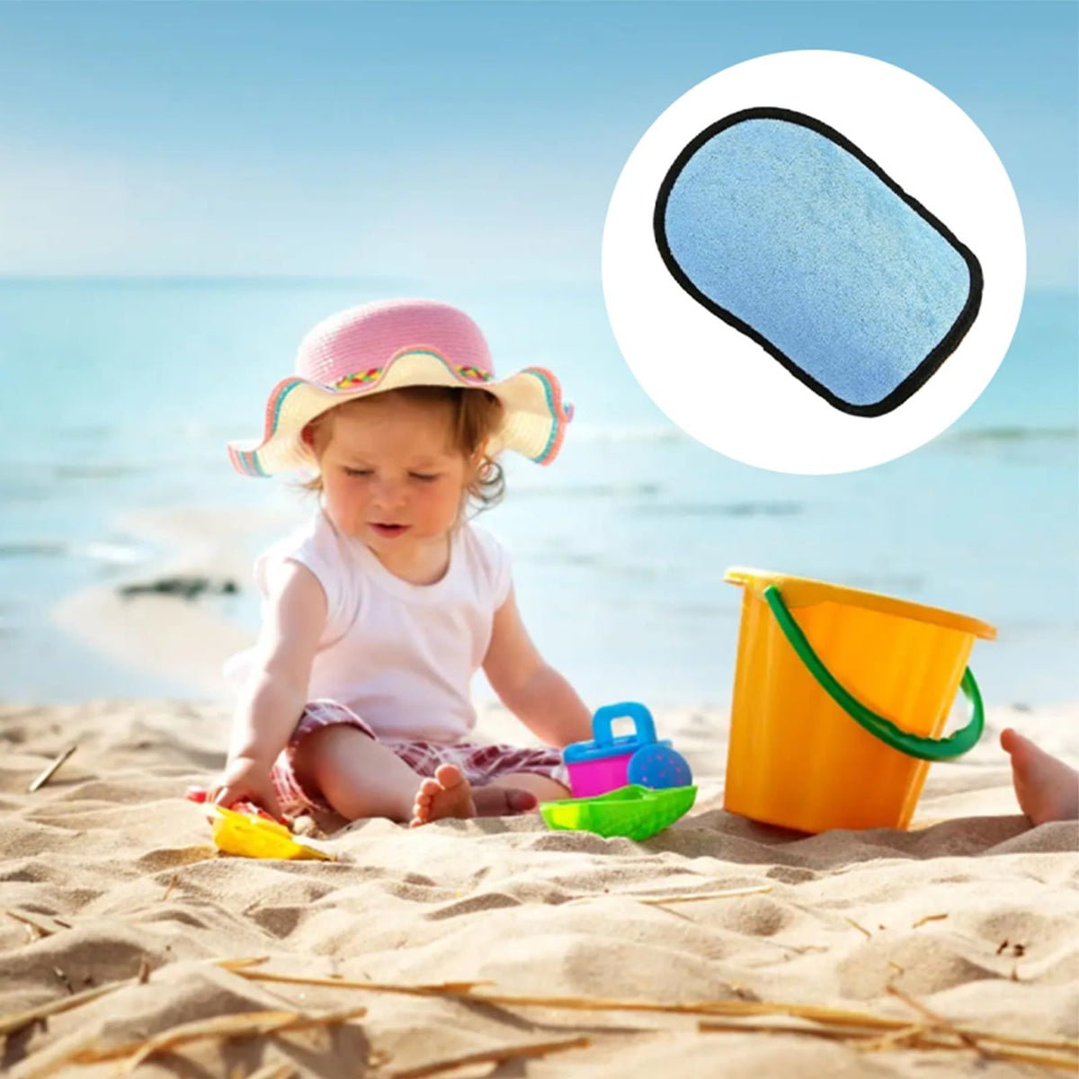 Two sand remover mitts by Everything Baby for easy beach sand removal, perfect for outdoor play and beach events.