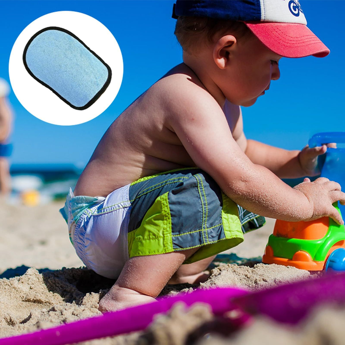 Everything Baby 2-piece beach sand remover mitts for kids, easy sand wipe-off for outdoor play and beach activities.
