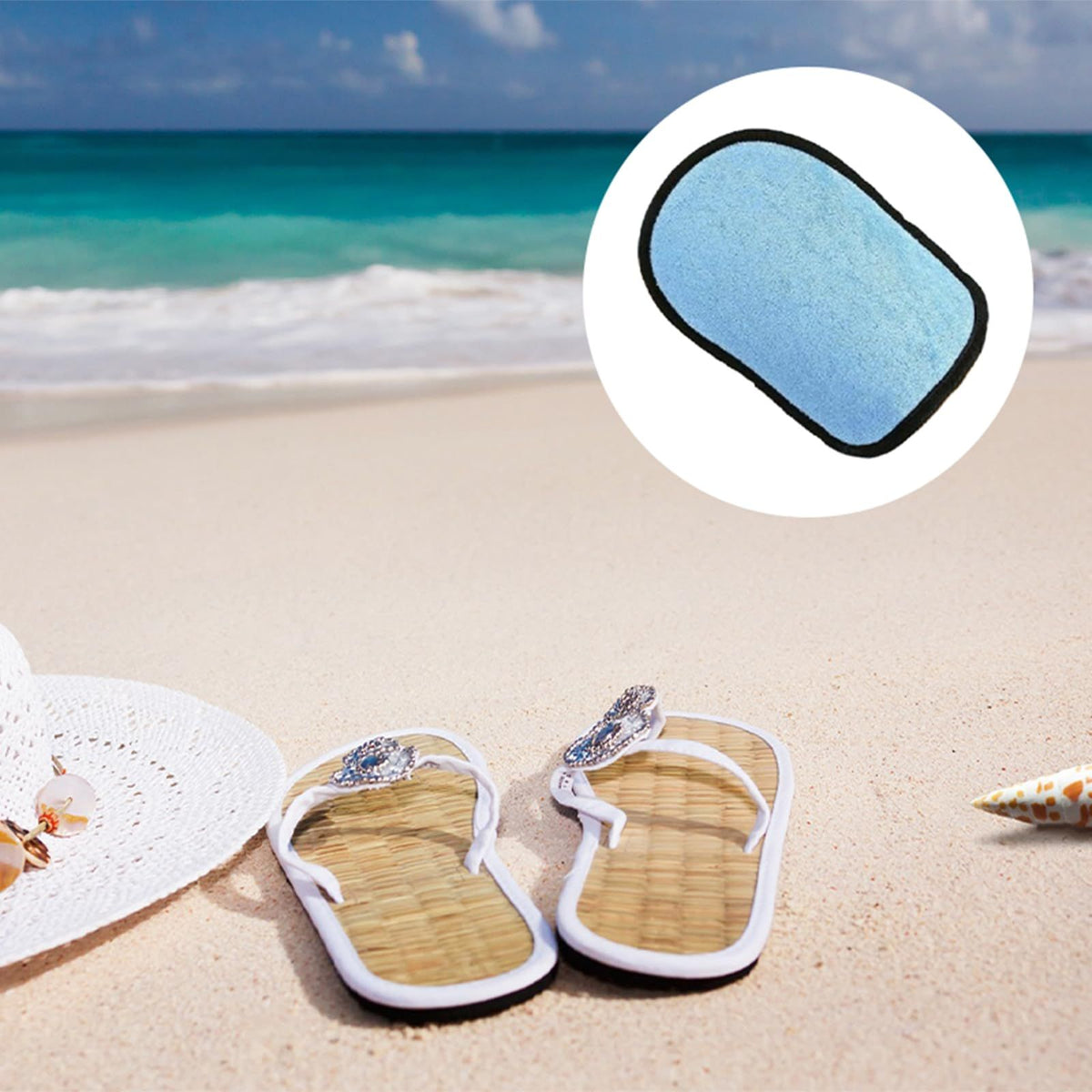 Two beach sand remover mitts by Everything Baby, soft silicone scrubbers for easy sand cleaning during outdoor play and beach trips.