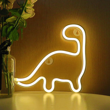 Colorful dinosaur neon LED light wall sign, suitable for kids' room decor, birthday party, and playful night lighting.