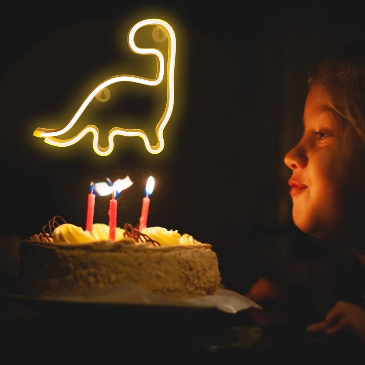 Colorful dinosaur neon LED wall light for kids, perfect as room decor, night light, or birthday gift for children and girls.