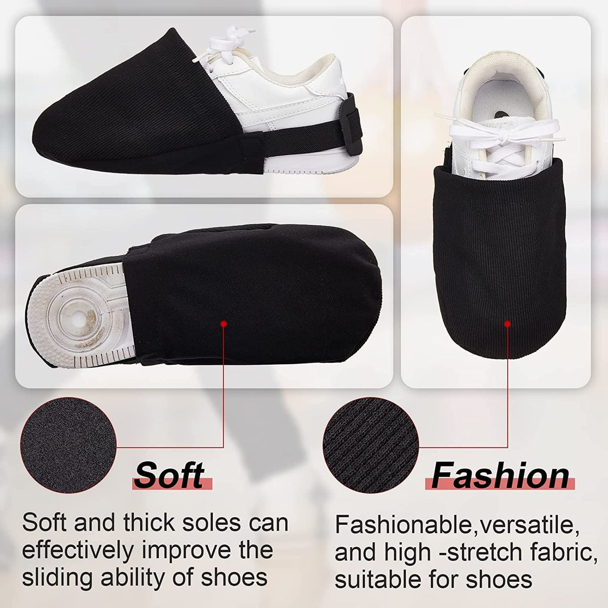 Pair of black bowling shoe covers from Everything Baby, designed for men and women, shown on a pair of bowling shoes.