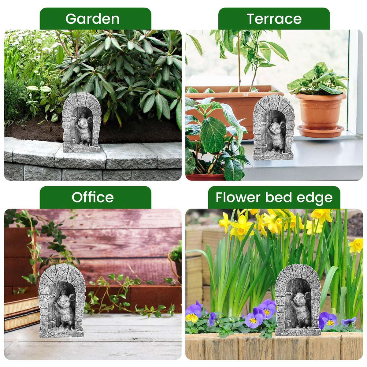 Playful mouse garden decor stone statue, indoor outdoor animal sculpture, featuring a cute mouse figurine for kids' outdoor play area.
