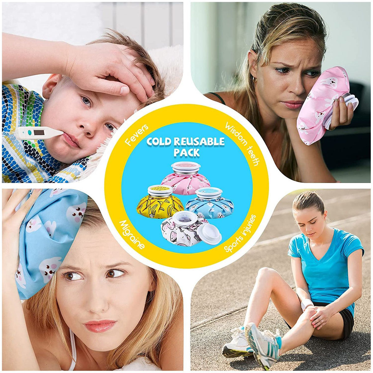 Four reusable ice and hot packs for kids and adults, 6-inch size, used for pain relief and injury treatment.