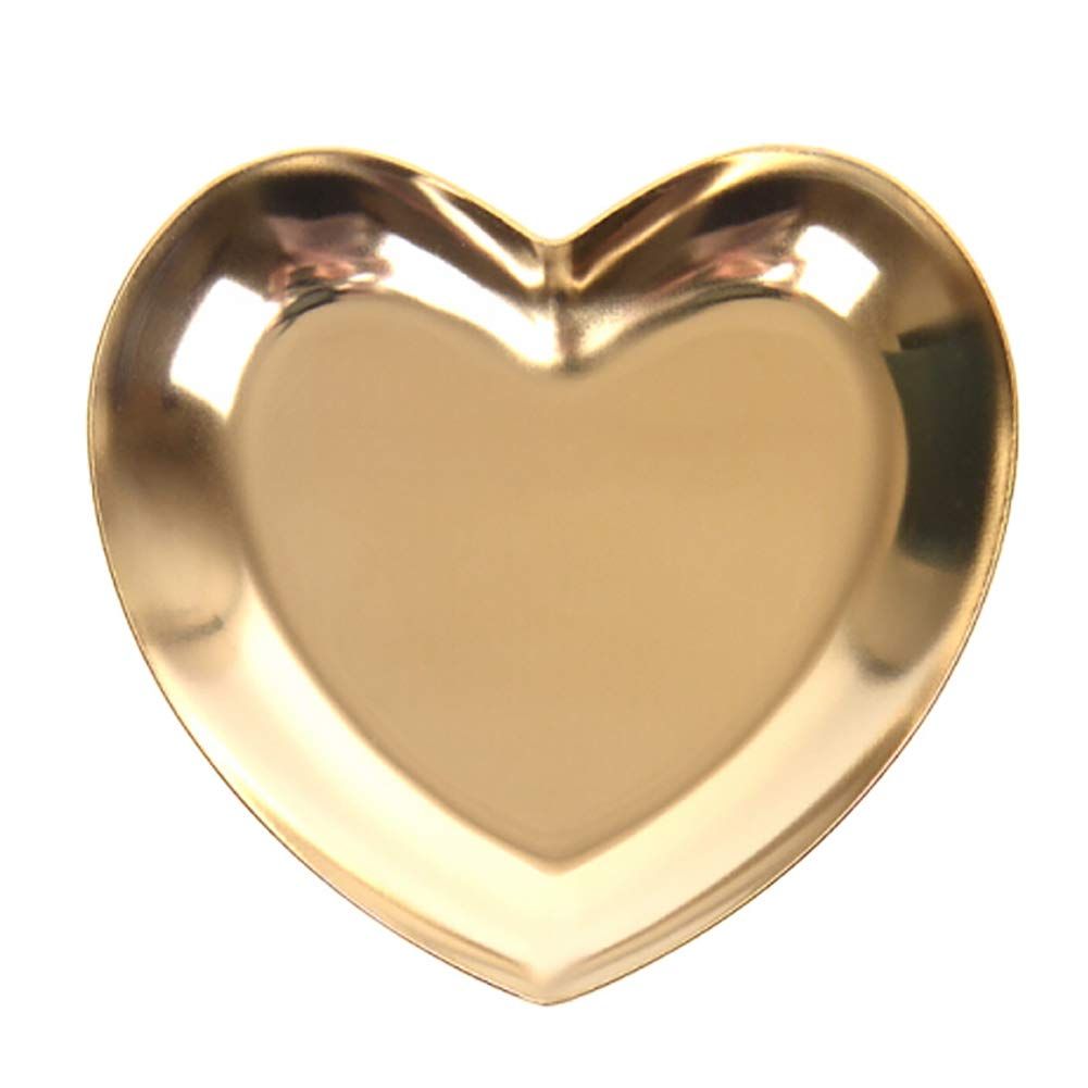 Nordic heart-shaped stainless steel jewelry tray with compartments, used for necklaces, rings, or home decoration.
