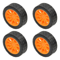 Set of four black and orange 30x11mm plastic RC car wheels with 2mm shafts for DIY toy cars, trucks, and ride-on vehicles.