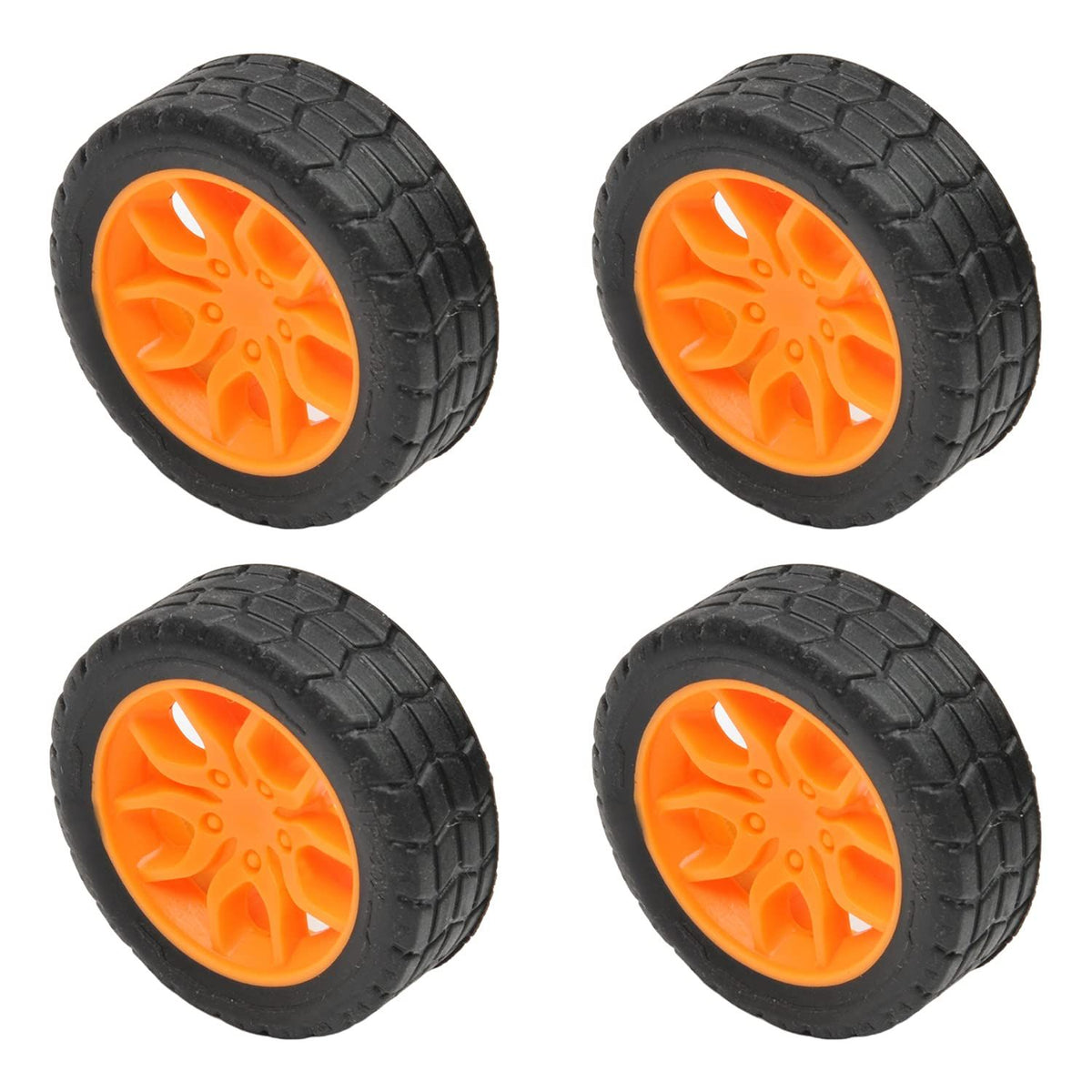 Set of four black and orange 30x11mm plastic RC car wheels with 2mm shafts for DIY toy cars, trucks, and ride-on vehicles.