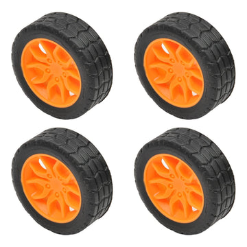 Set of four black and orange 30x11mm plastic RC car wheels with 2mm shafts for DIY toy cars, trucks, and ride-on vehicles.