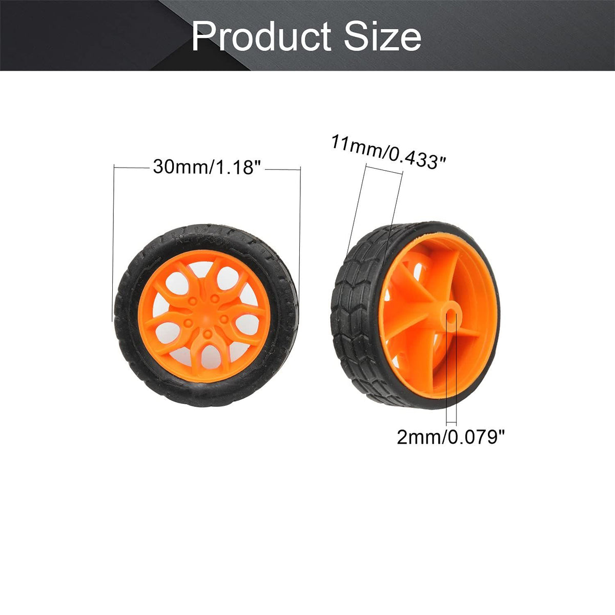 Set of four black and orange 30x11mm RC car wheels with 2mm shafts, plastic model wheels for DIY toy RC cars and trucks