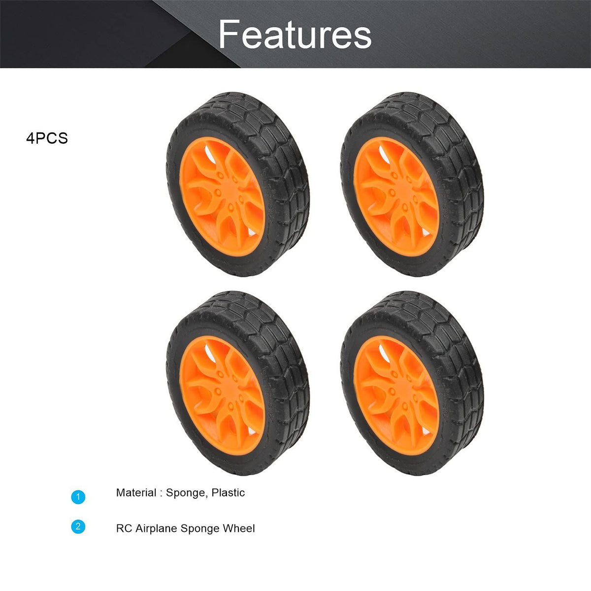 Set of four black and orange 30x11mm RC car wheels with 2mm shaft, plastic model wheels for DIY toy cars and trucks.
