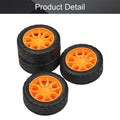 Four black and orange 30x11mm RC car wheels with 2mm shaft for DIY toy cars, trucks, and ride-on vehicles.