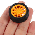 Set of four 30x11mm black and orange RC car wheels with 2mm shafts, plastic model wheels for DIY toy cars, trucks, and ride-on vehicles