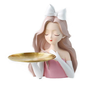 Cute girl sculpture figurine holding a storage tray, modern pretend play decor for kids' room or porch decoration.