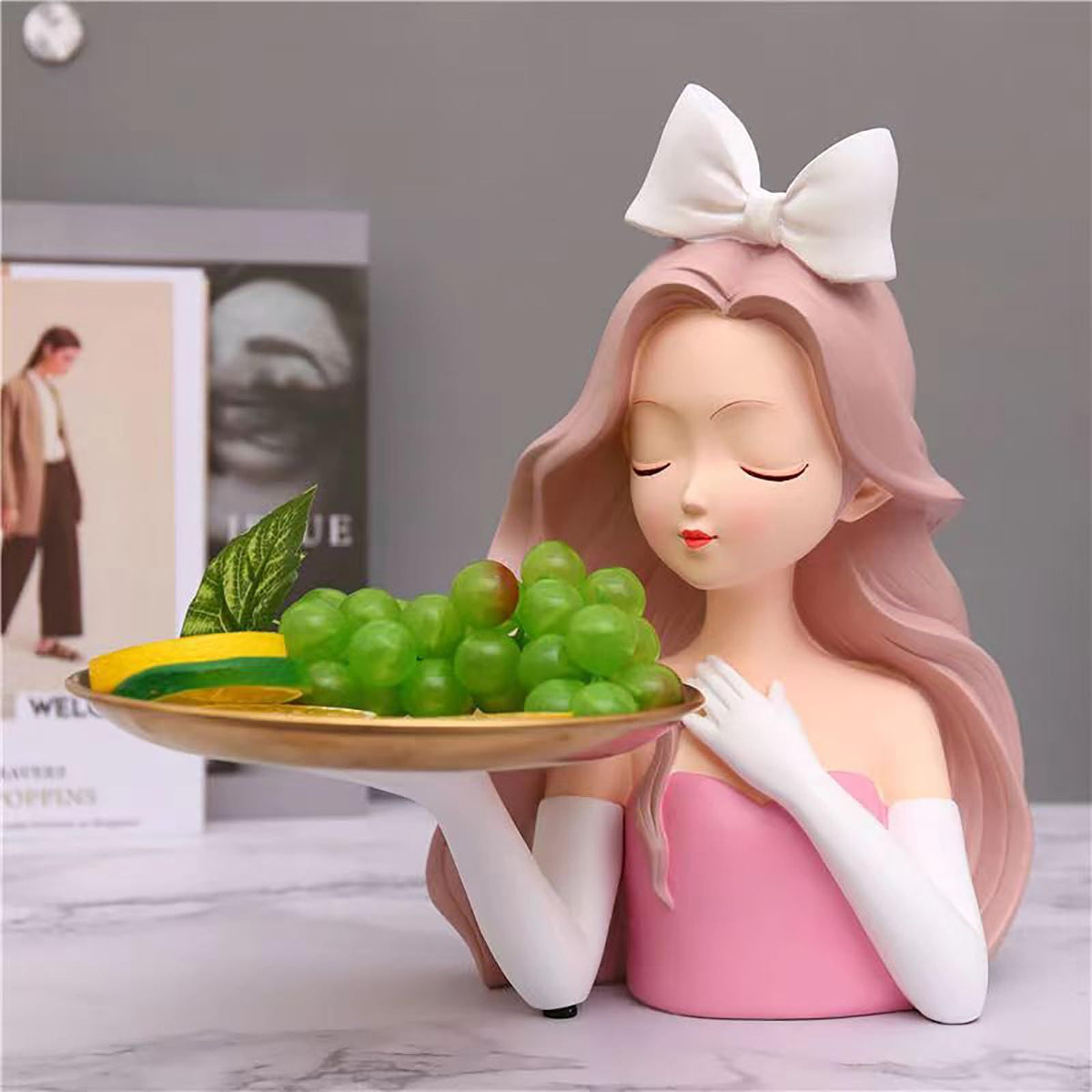 Cute girl sculpture porch decor tray, playful baby figurine ornament with storage tray, modern kid's pretend play decoration