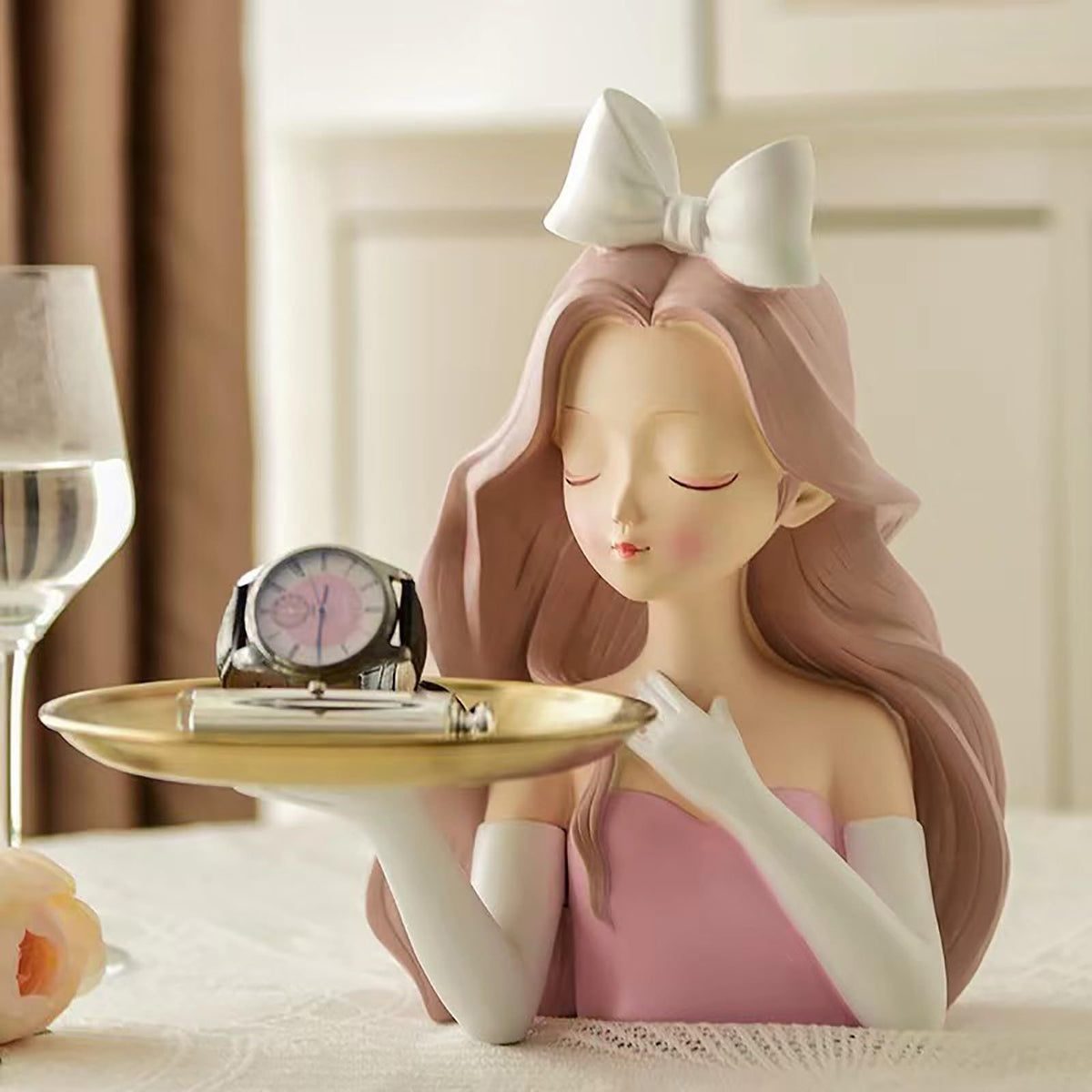 Cute girl sculpture porch decor tray with storage, modern kid's figurine ornament, perfect for pretend play and decor.
