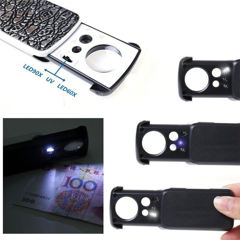 Two pocket jewelry loupes with LED lights, 30X, 60X, and 90X magnification for examining rocks, stamps, and coins.