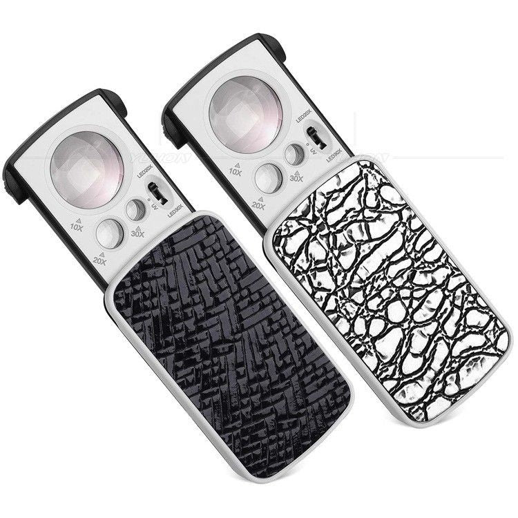 Two jewelry loupes with LED lights, 30x, 60x, 90x magnification, for examining rocks, stamps, and coins.