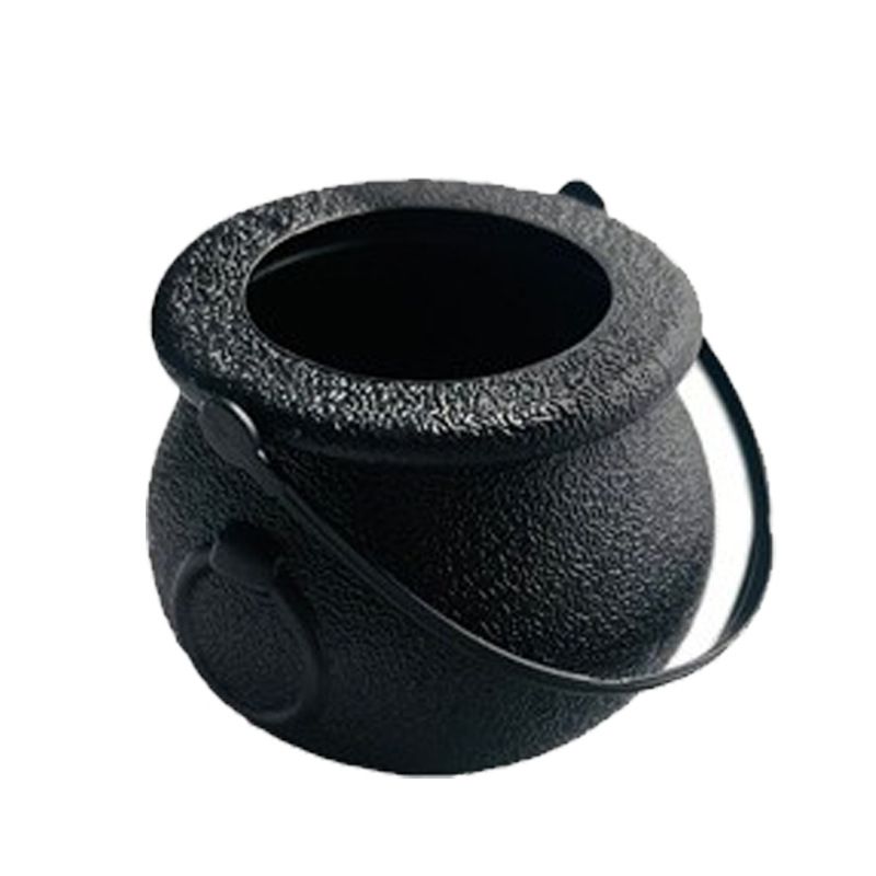 Two plastic Halloween cauldrons for kids, blow mold candy holders, perfect for Halloween party favors and pretend play.