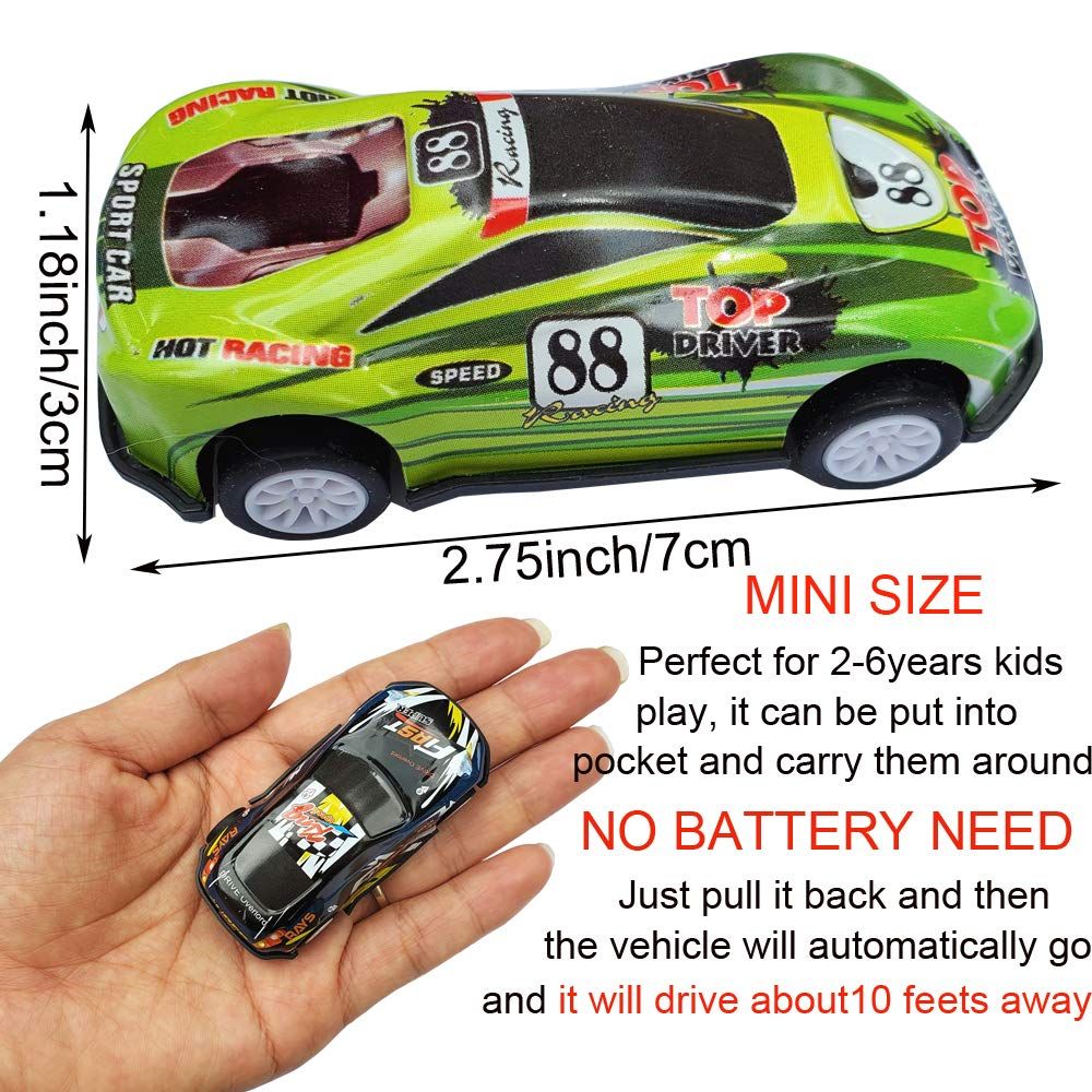 Set of 10 mini die-cast pull back toy cars for boys and girls, suitable for toddlers ages 3 to 6, featuring colorful race car designs.
