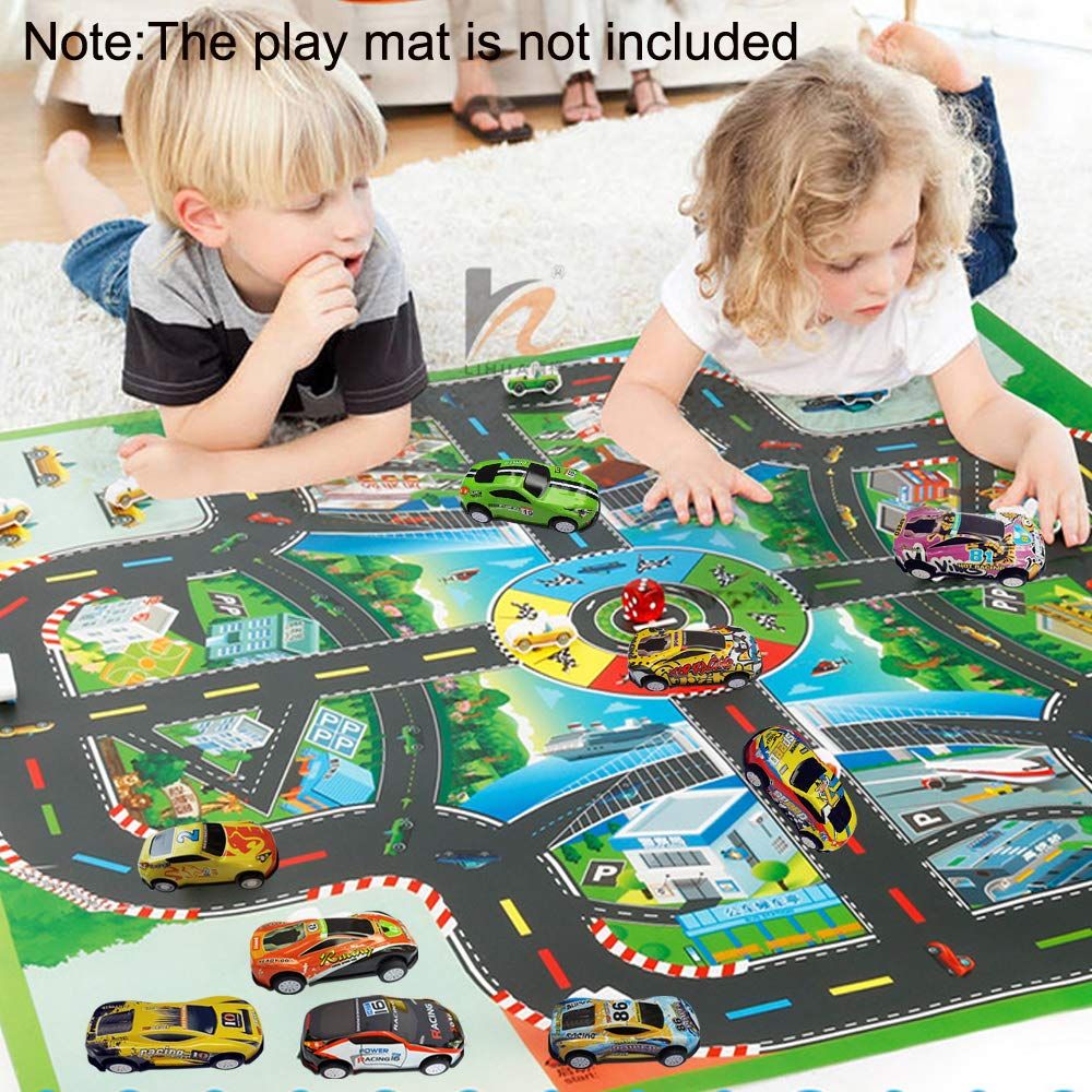 Set of 10 random pull back toy cars for kids, mini die-cast race cars for boys and girls aged 3 to 6, colorful ride-on vehicle toys.