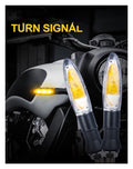 Pair of yellow LED motorcycle turn signals with flashing lights for front and rear installation on bikes or scooters.