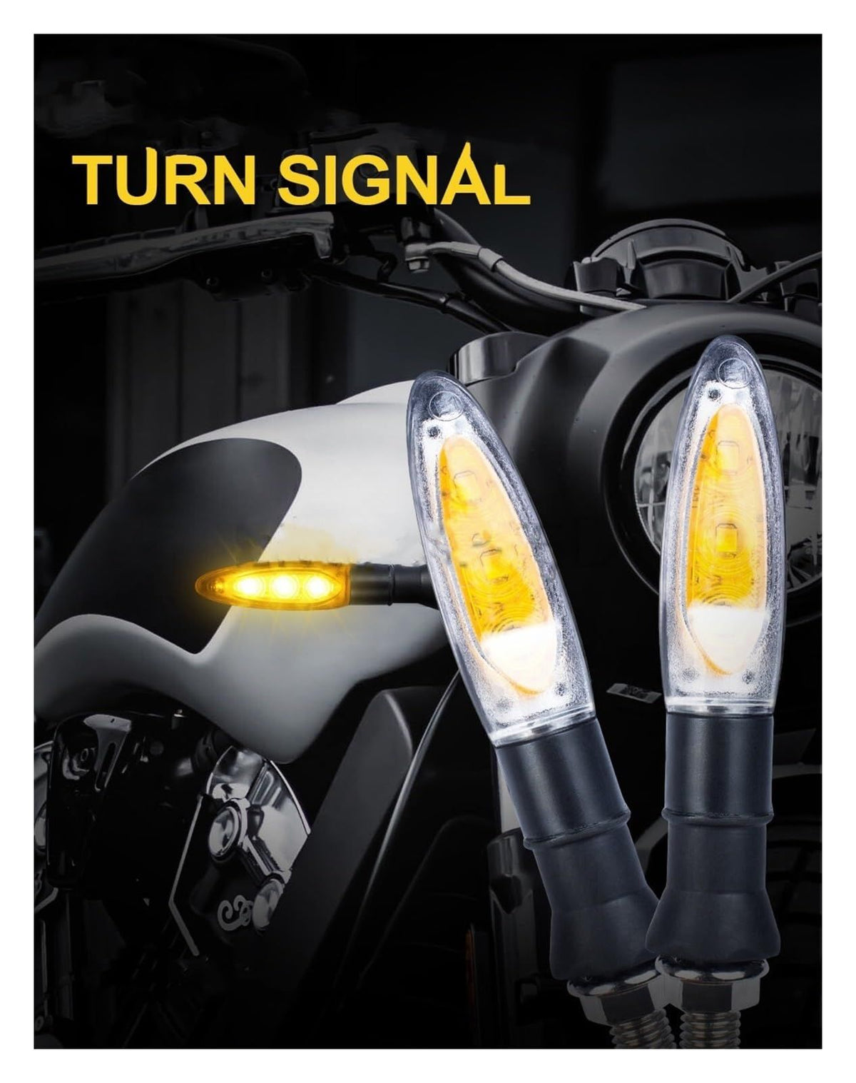 Pair of yellow LED motorcycle turn signals with flashing lights for front and rear installation on bikes or scooters.