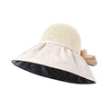 Foldable anti-UV ribbon sun hat for women, packable straw beach hat with adjustable ribbon, perfect for sun protection at the beach.