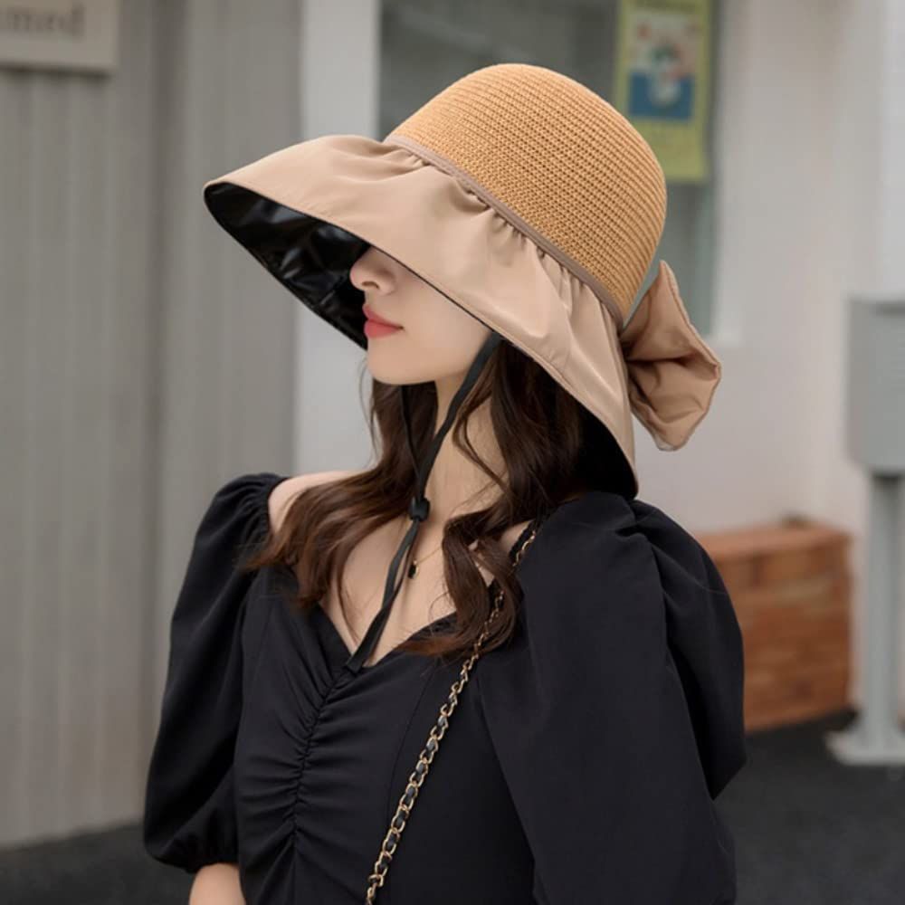 Foldable anti-UV ribbon sun hat for women, packable beach straw hat with wide brim for sun protection and style.