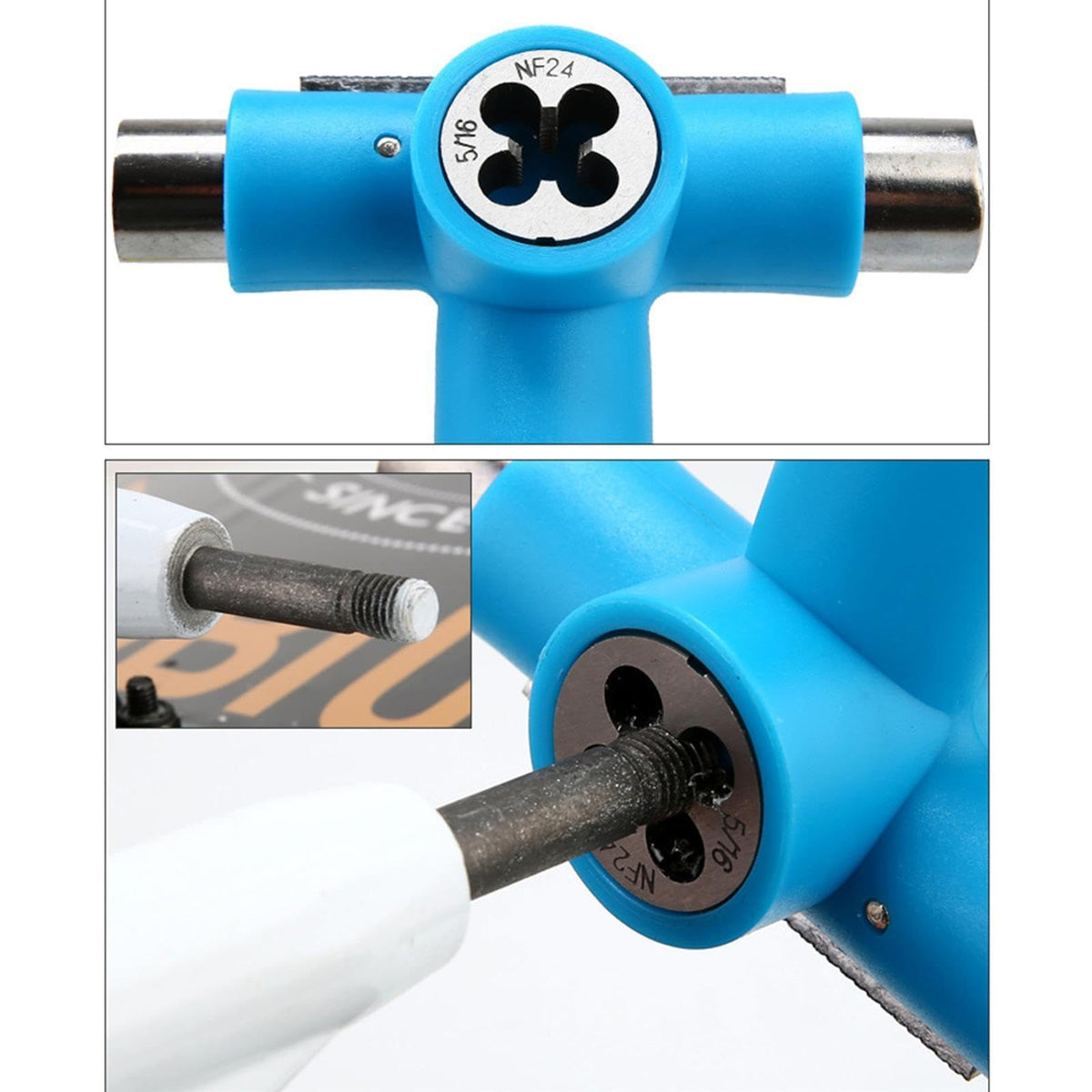 All-in-one skateboard tool with T-type Allen key and Phillips head, designed for kids’ outdoor skateboarding equipment.