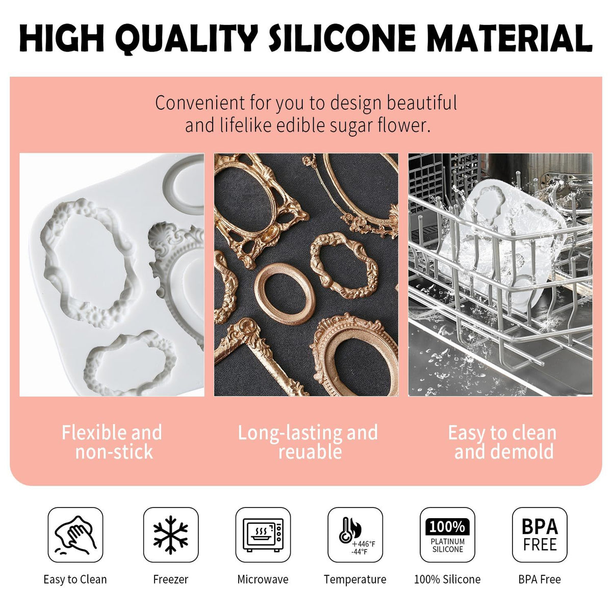Silicone mold with mirror frame design for fondant, cake decorating, cookies, chocolates, and cupcake toppers.