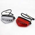 Two LED motorcycle tail lights with license plate light and brake stop indicator, compatible with 12V sport bikes and ATVs.