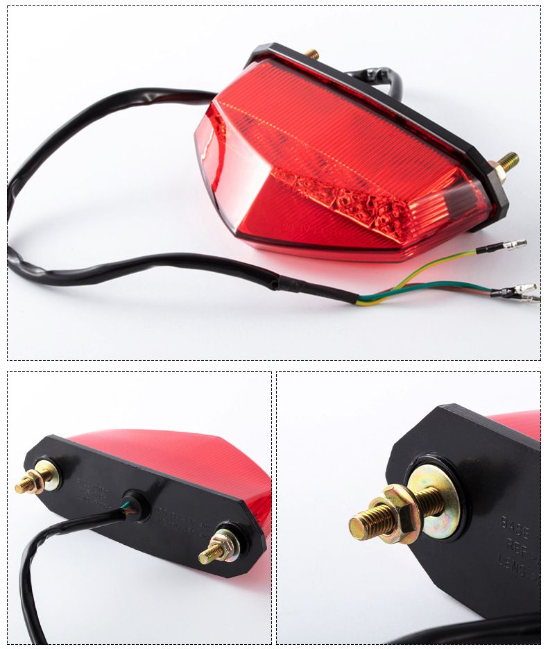 Two LED motorcycle taillights with license plate lights, universal fit, bright red brake and tail light for bikes and scooters.