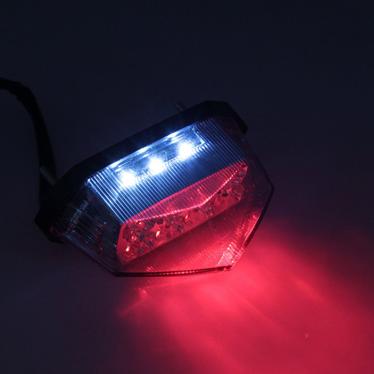 Two LED motorcycle tail lights with license plate holder, universal fit, bright brake and tail light for bikes and scooters.