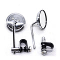Pair of universal round motorcycle mirrors with handbar mounts, suitable for street bikes, cafe racers, and dirt bikes.