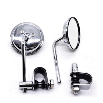 Pair of universal round motorcycle mirrors with handbar mounts, suitable for street bikes, cafe racers, and dirt bikes.