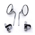 Pair of motorcycle universal round handbar mirrors for street, cafe racer, and dirt bikes, featuring chrome finish and reflective glass.