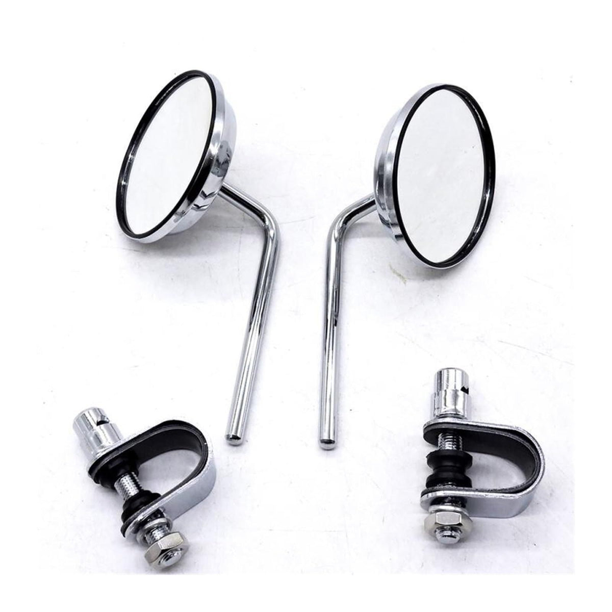 Pair of motorcycle universal round handbar mirrors for street, cafe racer, and dirt bikes, featuring chrome finish and reflective glass.