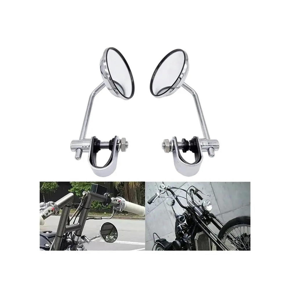 Pair of motorcycle universal round handbar rear view mirrors for street bikes and cafe racers, suitable for old school dirt bikes.