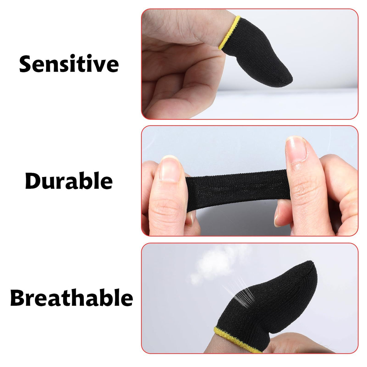 Ten pairs of colorful gamer finger sleeves with compression support, touchscreen compatible, anti-sweat, for kids' thumbs and fingers.