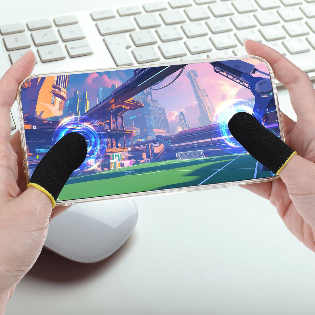 Ten pairs of colorful gamer finger sleeves with compression support, touchscreen compatibility, and anti-sweat features.
