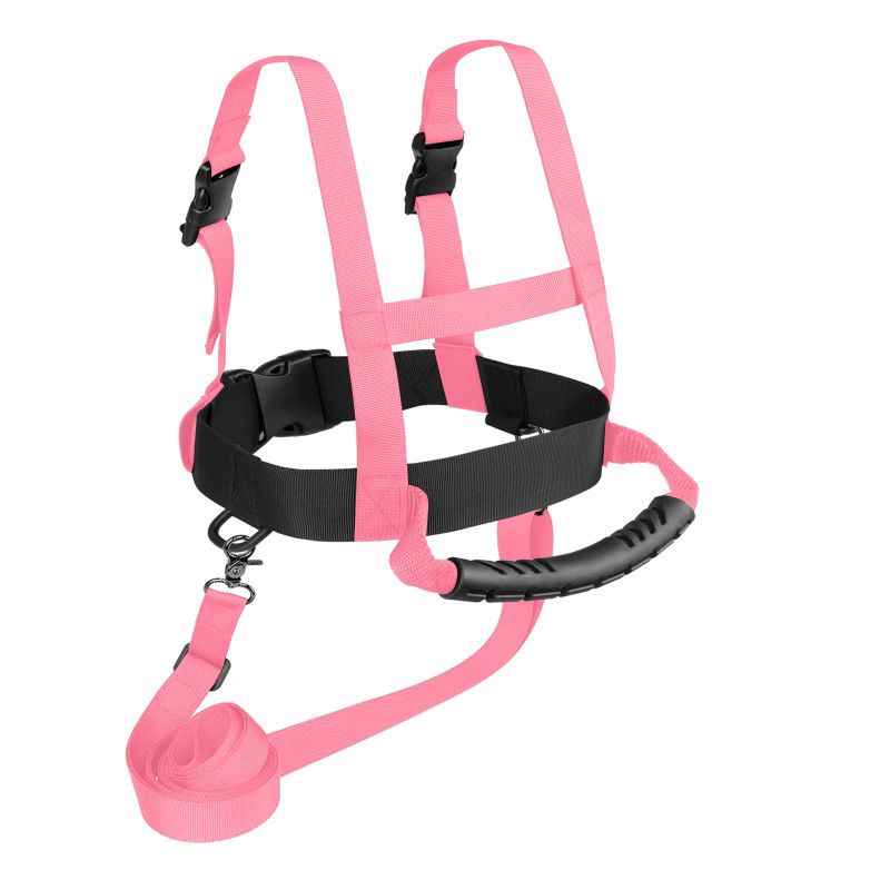 Pink children's skiing safety belt and harness by Everything Baby, designed for ski training and skateboarding protection.