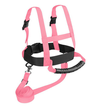 Pink children's skiing safety belt and harness by Everything Baby, designed for ski training and skateboarding protection.